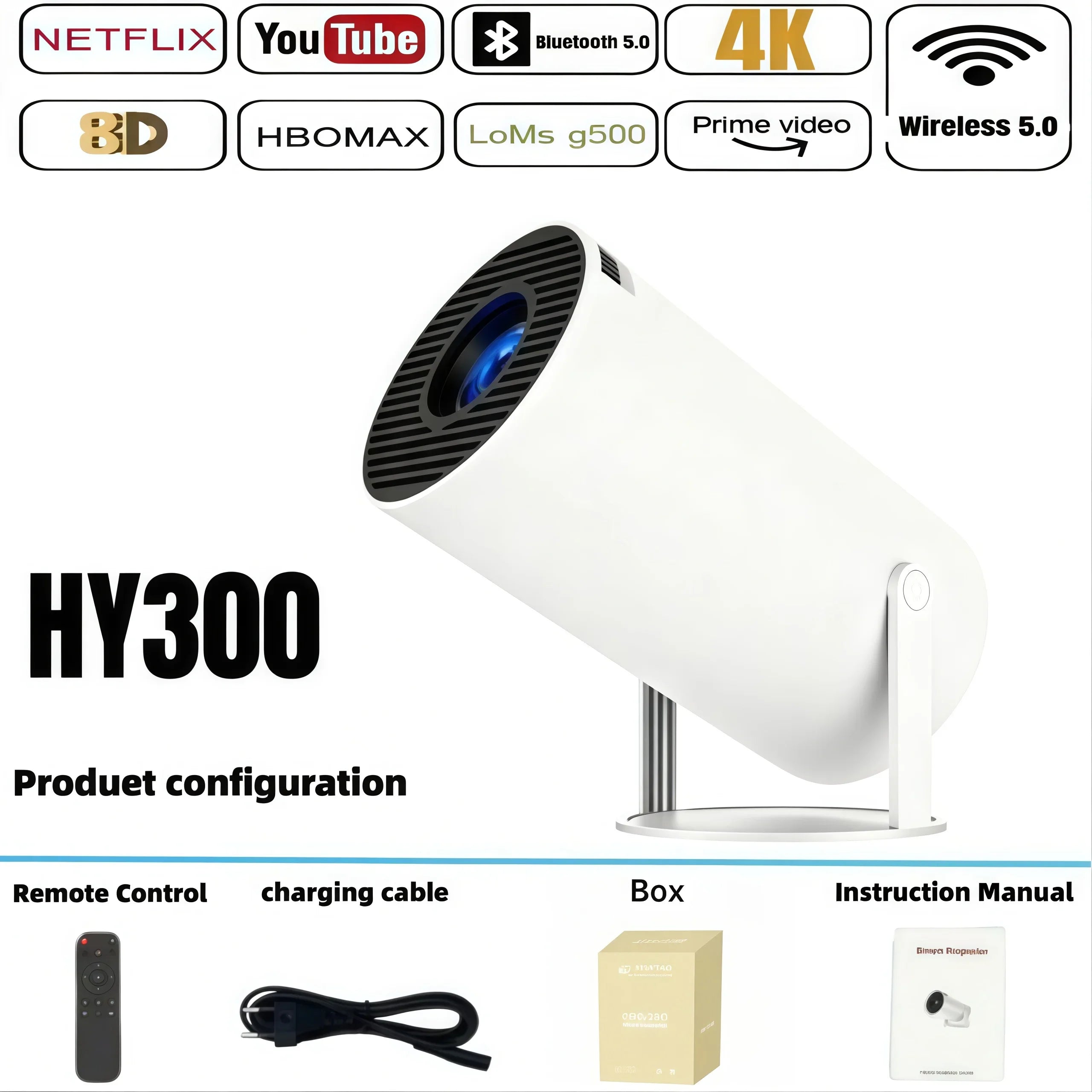 HY300 4K Projector Android 11 WiFi6 290ANSI Portable Outdoor Cinema