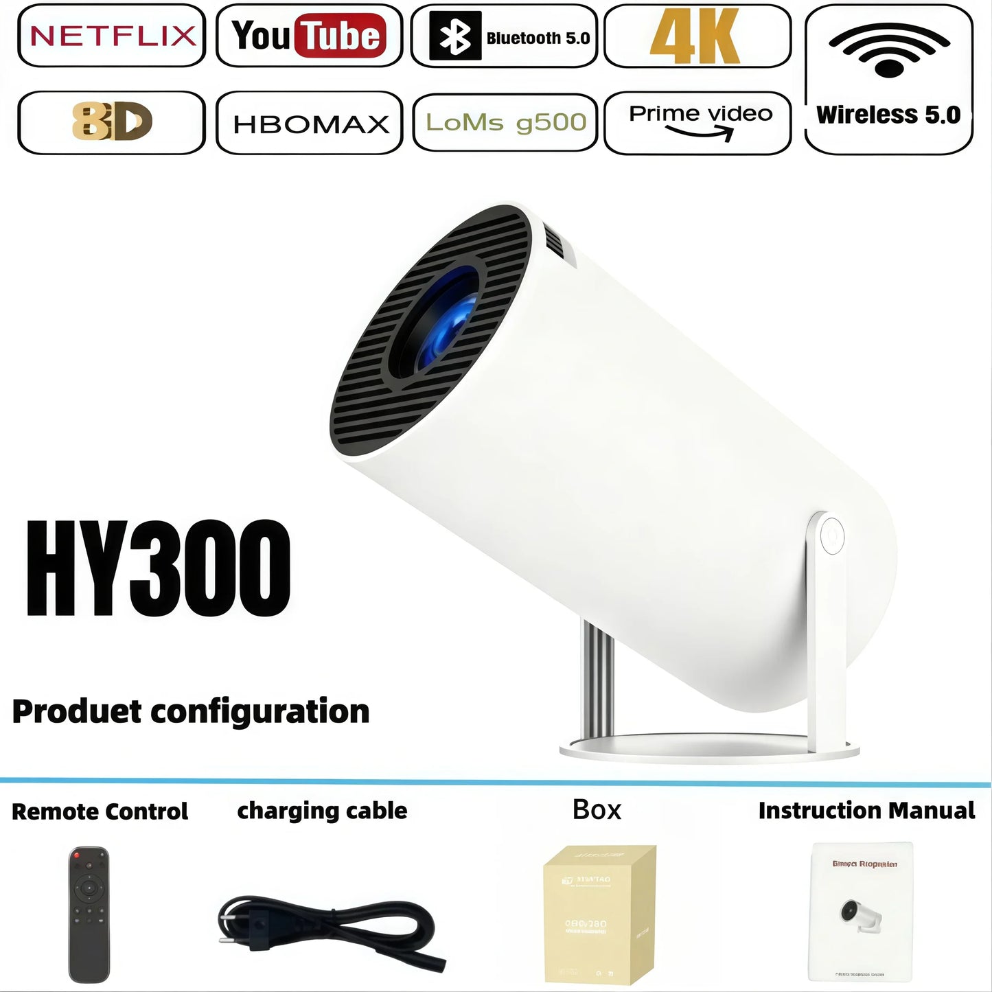 HY300 4K Projector Android 11 WiFi6 290ANSI Portable Outdoor Cinema