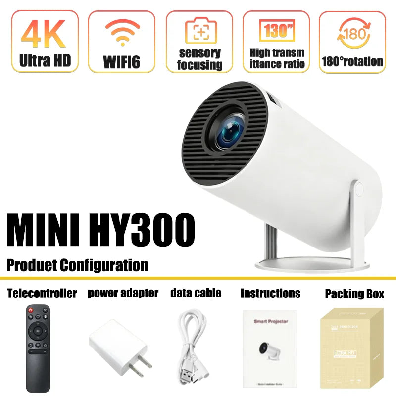 HY300 4K Projector Android 11 WiFi6 290ANSI Portable Outdoor Cinema
