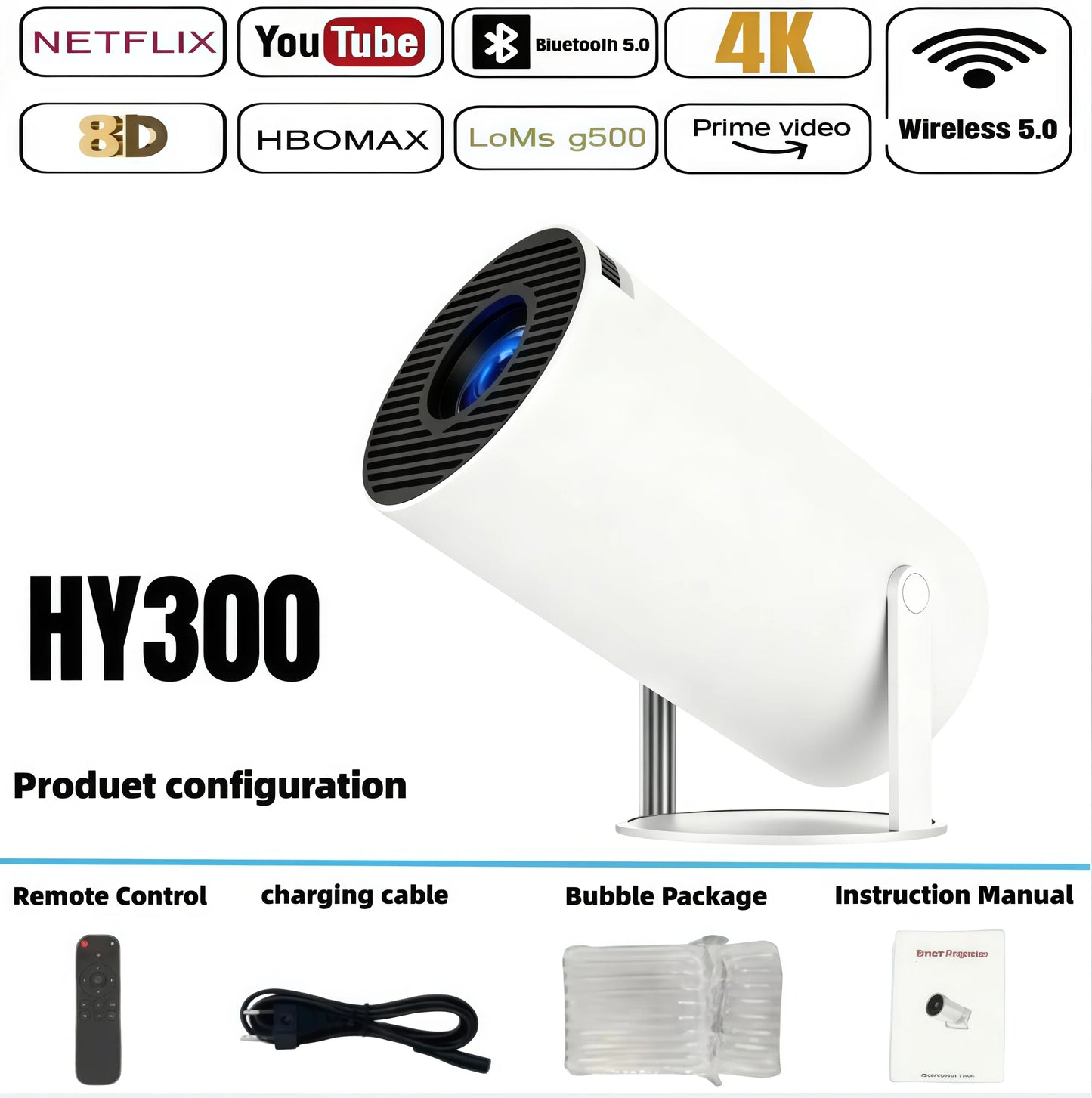 HY300 4K Projector Android 11 WiFi6 290ANSI Portable Outdoor Cinema