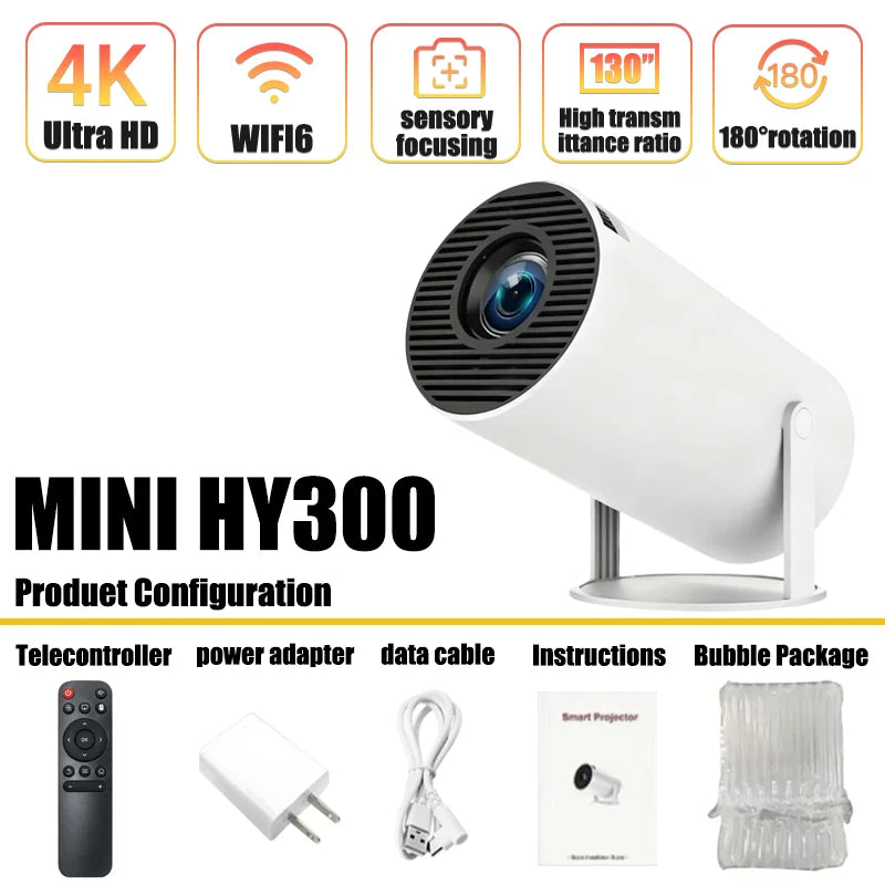 HY300 4K Projector Android 11 WiFi6 290ANSI Portable Outdoor Cinema